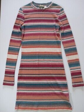 Roxy Rib Knit Mini Dress Womens Small Pink Green White Bodycon‎ Y2K Boho Chic